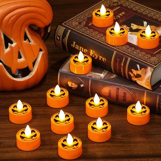 DRomance Halloween Flameless Votive Candles Battery Operated with 6H Timer, 12 Pack Spooky Face Decal LED Flickering Pumpkin Tea Lights Candles Fall Indoor Decoration(1.5" D x 1.4" H)
