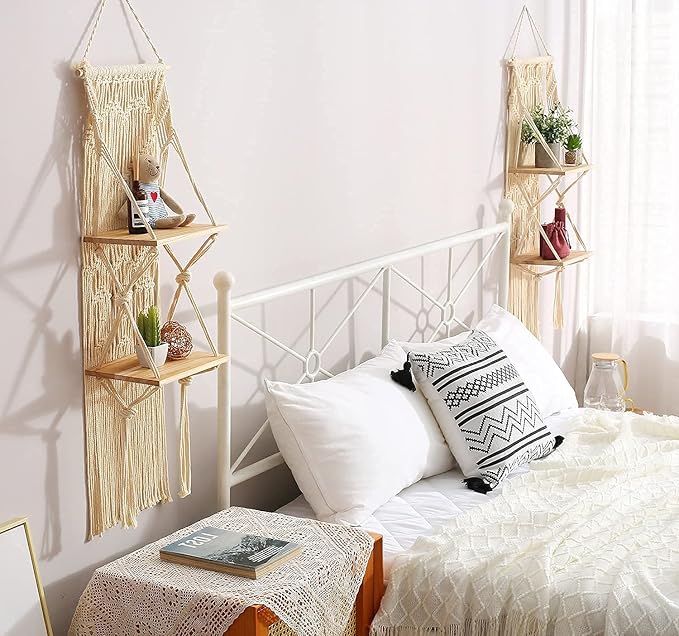 MAKEONEWO Macrame Wall Hanging Shelf Set of 2 Macrame Shelves Handmade Decorative Floating Boho Shelf-Plant Shelf Display Rack to Organize and Decor for Living Room, Bedroom, Bathroom (10" W/2 Tier)