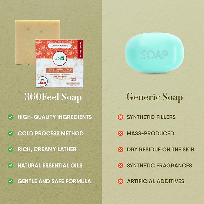 360Feel Cherry Almond Soap - Handcrafted Castile Soap Bar with Soothing Scent - Handmade with Essential Oil - Suitable Gift for Anniversaries, Weddings, and Holiday Stockings - Rich Lather