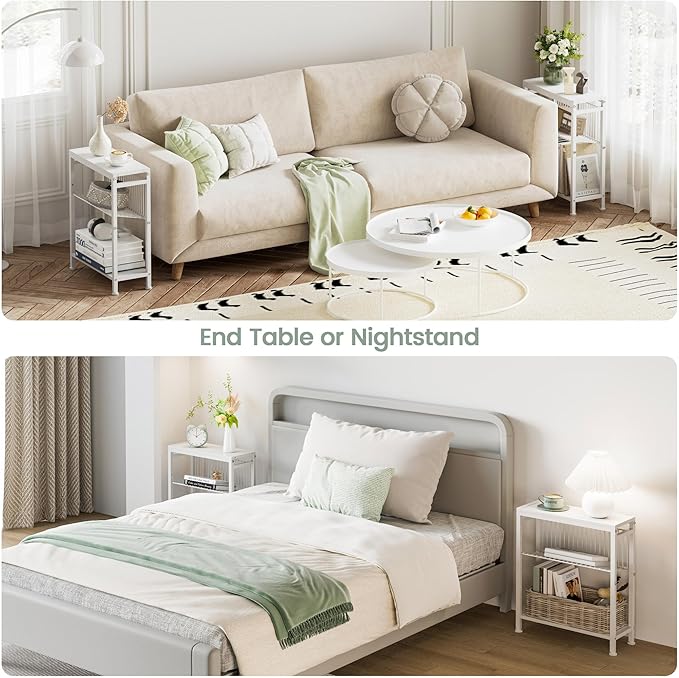End Table Set of 2 for Small Space, 3-Tier Narrow Side Table with Magazine Holder,Small Nightstand, Skinny Snack Couch Table in Living Room, Bedroom Study and Balcony (White)