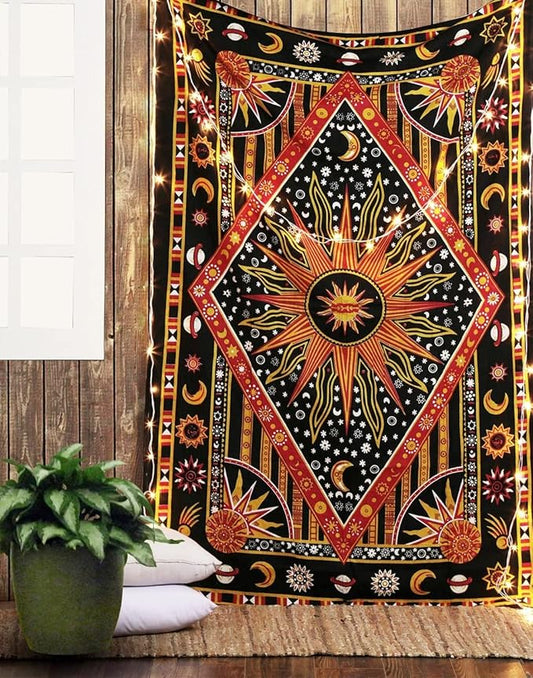 RAJRANG Large Orange Tapestry Wall Hanging 84x90 Inch Celestial Sun Moon Star Planet Spiritual Aesthetic Tapestry for Bedroom Dorm Decor