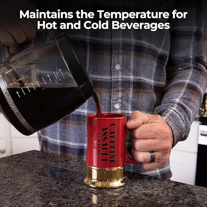 Caliber Gourmet 12-Gauge Shotgun Shell Ceramic Coffee Cup/Mug - Bold Red, Perfect Novelty Gift for Hunters & Gun Enthusiasts, Birthdays, Father's Day, Christmas & More - Funny, Quirky, and Functional