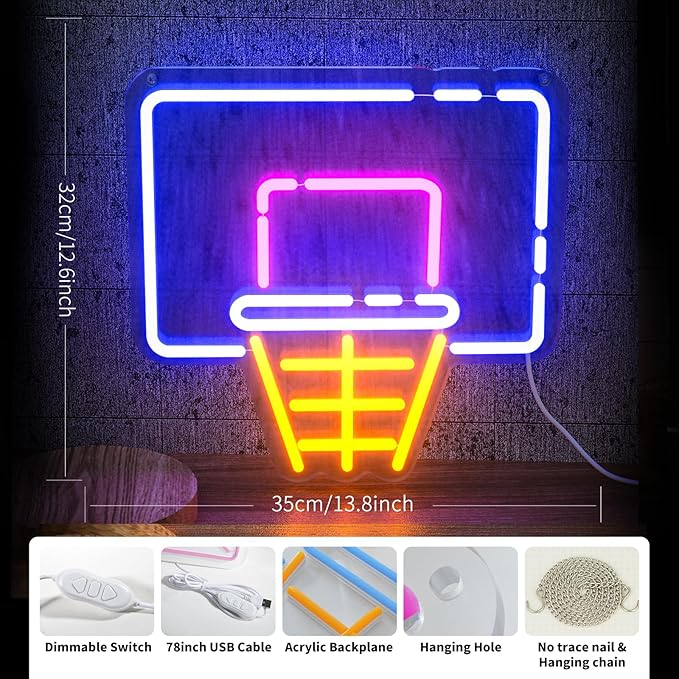 Basketball Hoop Neon Sign for Wall Decor, LED Sign with Dimming Switch for Sports Fans, Kids, Man Cave, Bedroom, Home Accessories, Bar Decor, Party & Holiday Decorations - 13.8" x 12.6"