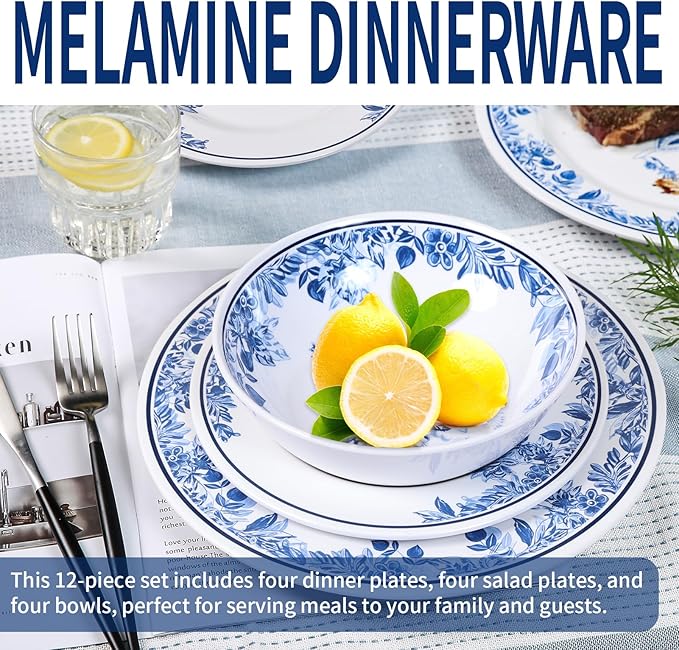 Melamine Dinnerware Sets-12pcs floral dinnerware set Service for 4,Dishwasher Safe, Break-resistant, Indoor and Outdoor Use,Reusable,Traditional Flower