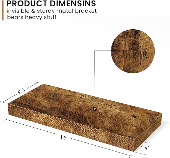 Deep Floating Shelves - 16" W x 9" D x 1.6" H Rustic Brown Wall Shelf - Wall Mounted Shelves for Decor & Storage - Wooden Shelves with Invisible Brackets for Living Room, Kitchen - Set of 2