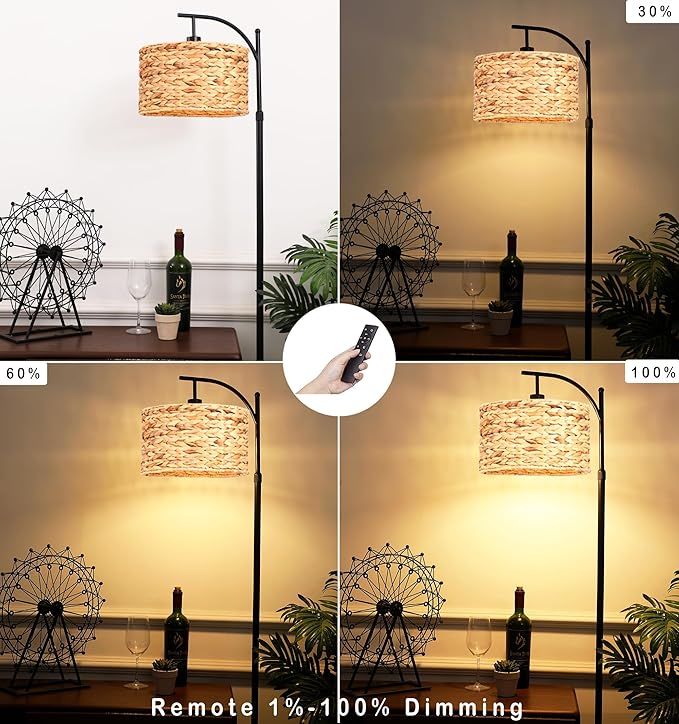 Floor Lamp for Living Room Bedroom Rattan Boho Arc Standing Lamp with Remote Dimmable Black Wicker Bamboo Lamp Shade Floor Light Adjustable Tall Lamp Farmhouse Industrial Floor Lamps Bohemian