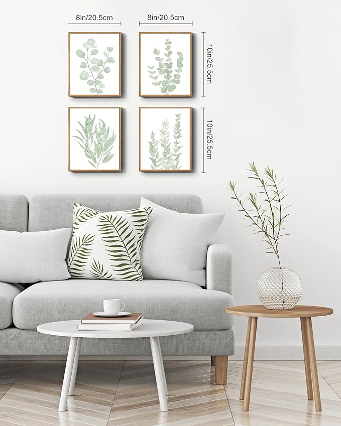 Drsoum Framed Botanical Plant Canvas Wood Wall Art Light Green Sage Wall Decor Eucalyptus Leaf Picture for Bedroom Living Room Bathroom Office 8”x 10” x 4pcs
