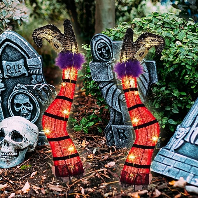 Juegoal Set of 2 Halloween Lighted Wicked Red Witch Legs with Stakes,22" Light Up Tinsel Halloween Yard Signs Prop Timer & 8 Modes, Battery Operated for Outdoor Party Haunted House Garden Decor