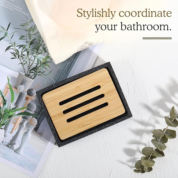 Luxspire Resin Soap Dish, Sponge Holder with Bamboo Board, Storage Tray with Double Layers for Storing Candle, Container in Bathroom, Kitchen, and Toilet - Black Sand
