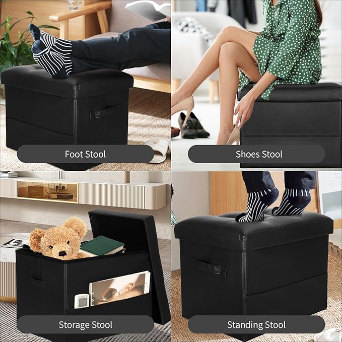 Storage Ottoman Foot Rest Stool with Thicker Foam Padded Seat. Foldable Leather Footstool Bench. Small Ottoman with Storage for Living Room Bedroom Coffee Table 350 lbs, 17x13x13in, Black