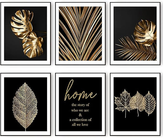 HoozGee Gold Leaf Art Prints Modern Black Gold Botanical Tropical Plant Leaves Art Wall Pictures Canvas Prints Gallery Wall Art Poster Wall Decor Bedroom Room Home Decor (11"x14" UNFRAMED)
