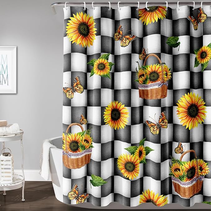 AILONEN Sunflower Shower Curtain for Bath Curtain,Black and White Grid Butterfly Bath Curtain,Garden Flower Yellow Floral Waterproof Shower Curtain 72" W x 78" H