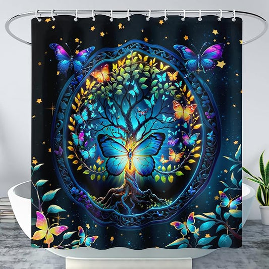 AILONEN Tree of Life Shower Curtain for Bathroom,Glowing Butterfly Starry Bath Curtain,Modern Tree Floral Print Curtain Decoration Waterproof with 12 Plastic Hooks for Boys Girls Adults 72" W*84" H
