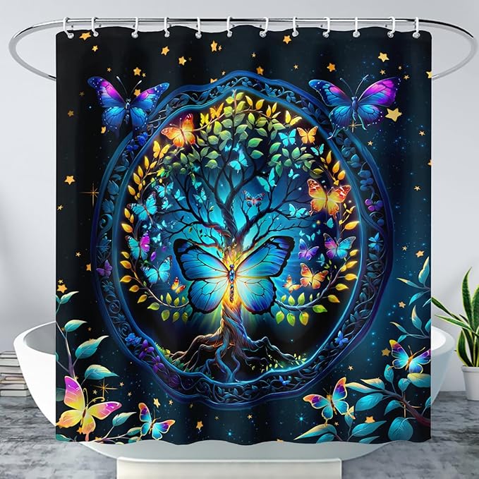 AILONEN Tree of Life Shower Curtain for Bathroom,Glowing Butterfly Starry Bath Curtain,Modern Tree Floral Print Curtain Decoration Waterproof with 12 Plastic Hooks for Boys Girls Adults 48" W*72" H
