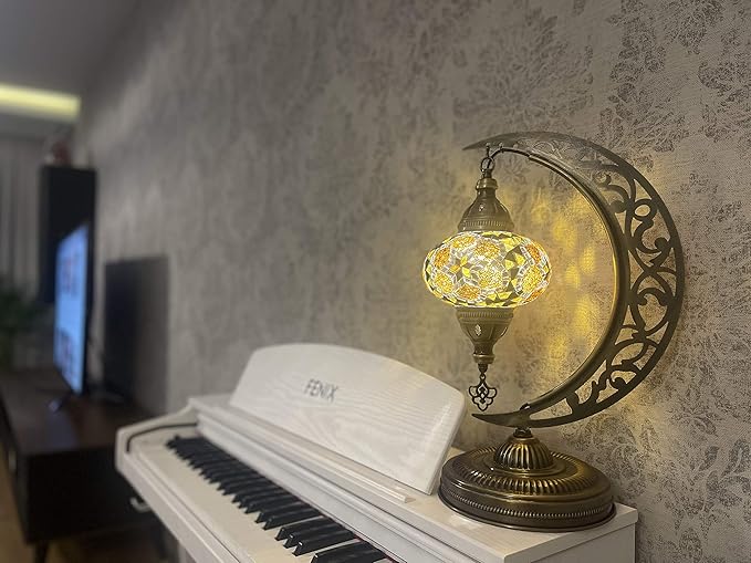 mozaist Turkish Lamp, Moon Shaped Mosaic Table Lamp, Tiffany Desk Bedside Stained Glass Lamp with US Plug and E12 Socket