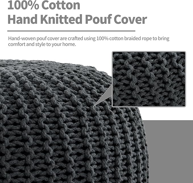 HOMBYS Unstuffed Ottoman Pouf Cover, 100% Cotton Handmade Knitted Ottoman Pouf Cover Round Foot Stool, Floor Bean Bag Chair, Foot Rest with Storage for Living Room Bedroom, Grey(Cover ONLY NO Filler)