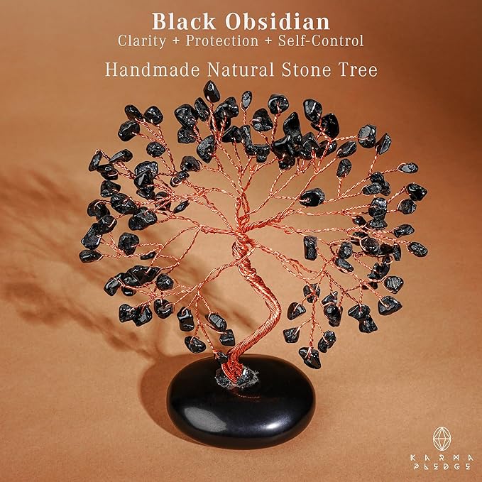 Black Obsidian Crystal Tree of Life Gifts for Women, Home and Office Desk Decor, 7 Chakra Reiki Healing, Tree for Positive Energy, Good Luck, Money, Meditation, Birthday Gifts
