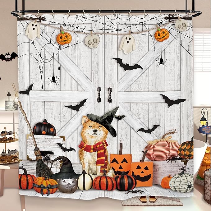 Halloween Dog Pumpkin Shower Curtain 60Wx72L Inch Barn Door Horror Scary Spooky Wood Farmhouse Rustic Bat Bathroom Set Accessories Decor with 12 Pack Hooks