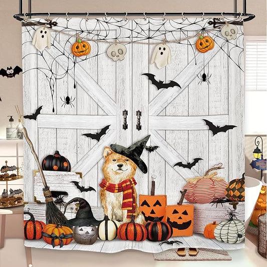 Halloween Dog Pumpkin Shower Curtain 60Wx72L Inch Barn Door Horror Scary Spooky Wood Farmhouse Rustic Bat Bathroom Set Accessories Decor with 12 Pack Hooks