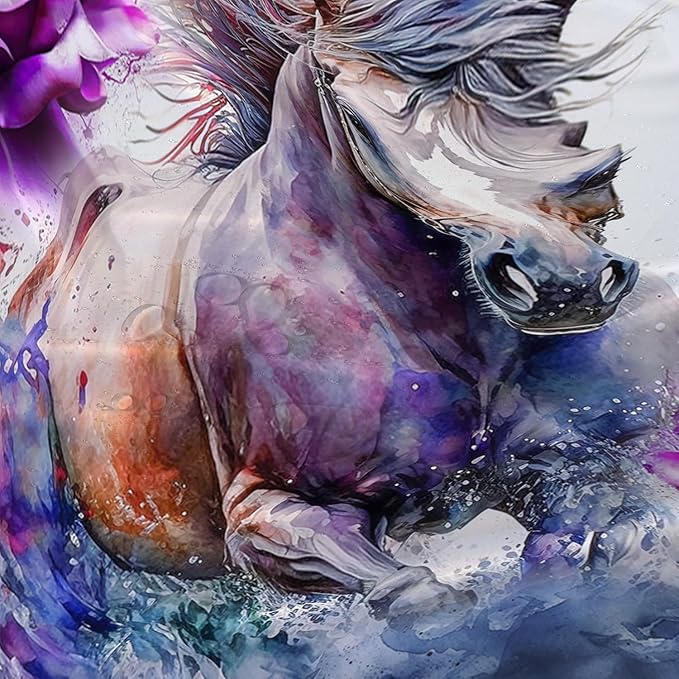 AILONEN 3D Horse Shower Curtain,Galloping Horses with Butterfly Waterproof Fabric Shower Curtains for Bathroom,Oil Purple Rose Bath Curtain Set with Hooks, 72" W*72" H