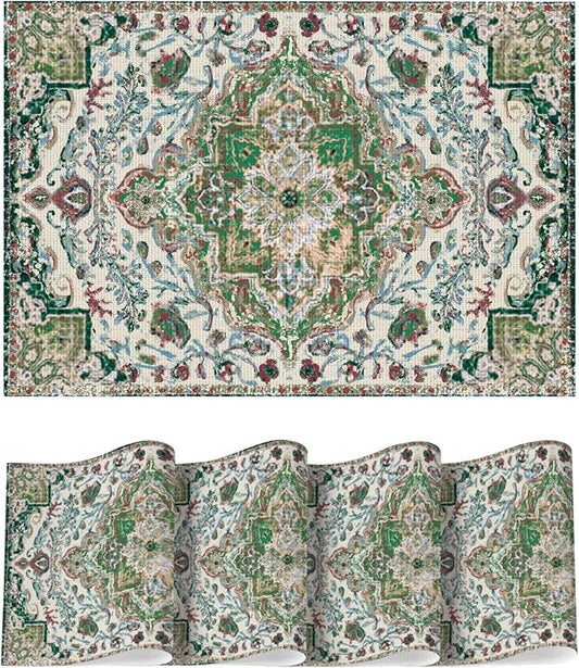 Artoid Mode Green Boho Bohemian Vintage Placemats Set of 4, 12x18 Inch Plastic Woven Washable Non-Slip PVC Place Mats for Party Kitchen Dining Decor