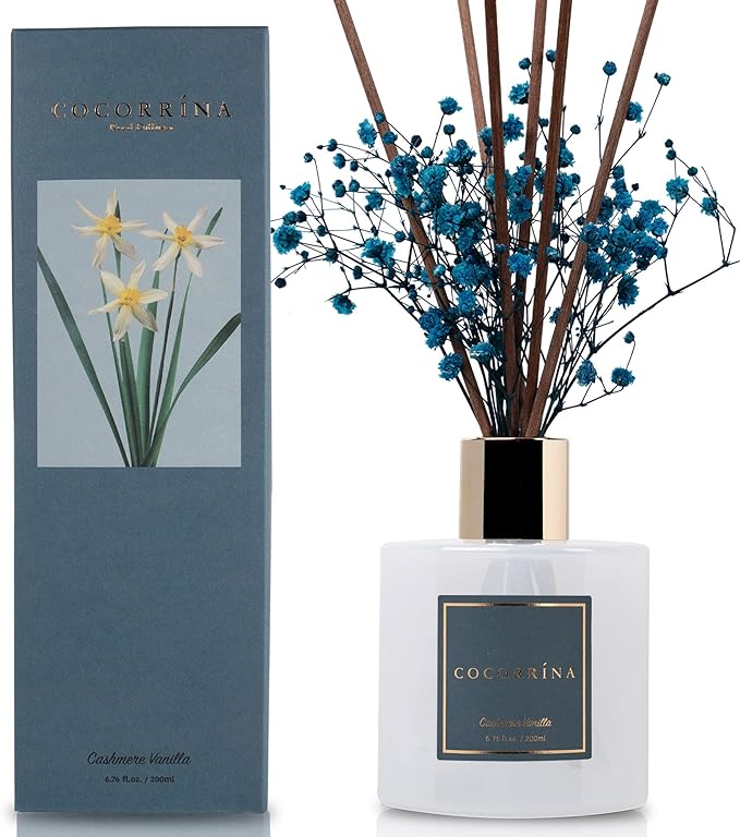 Cocorrína Premium Reed Diffuser Set with Preserved Baby's Breath & Cotton Stick Cashmere Vanilla | 6.7oz Scent Fragrance Oil Diffuser for Bedroom Bathroom Home Décor
