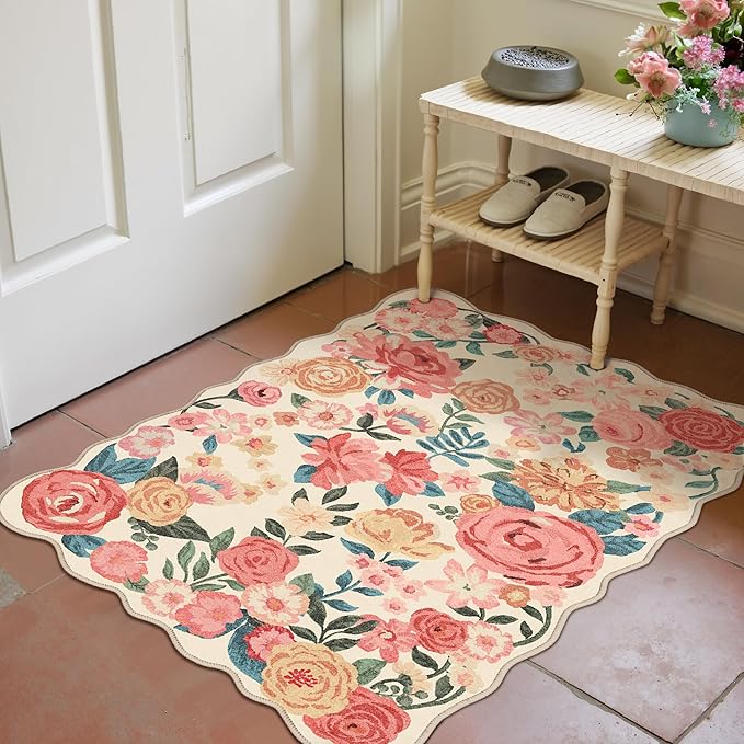Washable Floral Area Rug 2x3 Beige Small Entryway Carpet Scalloped Flower Non Slip Soft Entrance Door Mat Farmhouse Low Pile Indoor Thin Floor Cover for Bathroom Kitchen Bedroom Laundry Room