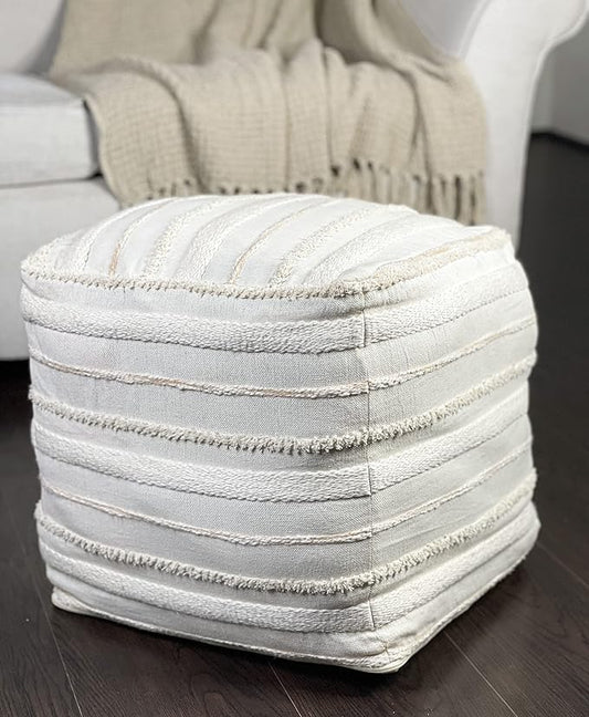 Chardin home Unstuffed Ottoman, Cozy & Bohemian Pouf Covers, Hand Crafted Casual Seating, Footrest, Square Floor Pillow for Home, Office, Bedroom, Living Room, 16 x 16 x16 Inch., Ivory-Beige.