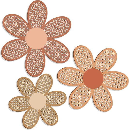 Maitys 3 Pieces Boho Daisy Wall Decor Natural Rattan Flower Wall Hanging Art Wooden Boho Art Nursery Flowers Farmhouse Hanging Decor for Home Office Nursery(Fresh Color)