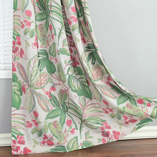 Leeva Green and Pink Hues Print Window Curtains, Leaves Flower Farmhouse Garden Style 84 Inch Long Semi-Blackout Curtain and Drapes for Living Room Guest Room Bedroom, 2 Panels
