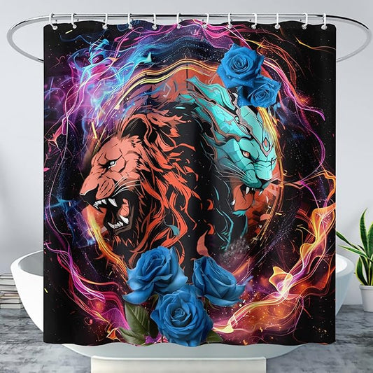 AILONEN Howling Lion Leopard Print Shower Curtain,Cartoon Animal Lion Theme Kids Boys Bath Curtain,Modern Fantasy Colorful Waterproof Decor Shower Curtain, 48" W x 72" H