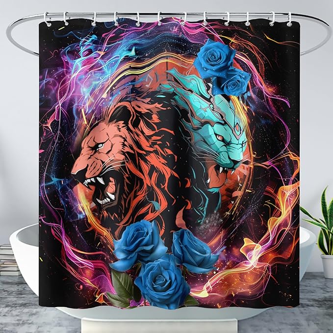 AILONEN Howling Lion Leopard Print Shower Curtain,Cartoon Animal Lion Theme Kids Boys Bath Curtain,Modern Fantasy Colorful Waterproof Decor Shower Curtain, 72" W x 78" H