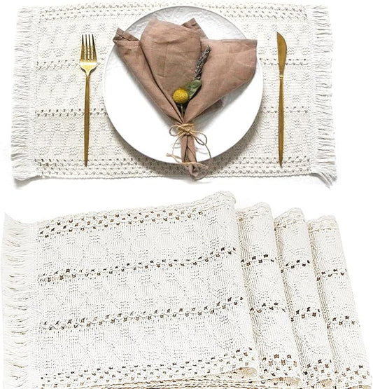 FEXIA Boho Placemats Set of 4, Macrame Table Decor and Farmhouse Style Placemats Natural Cotton Burlap, for Dining Table Kitchen