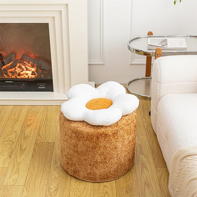 Flower Ottoman 18x15 Inches Charm Floor Pouf for Home Decor All-in-One Foam Filling Ottoman Foot Rest for Couch Fluffy Floral Pouf for Living Room Bedroom Kids Room Light Coffee and White