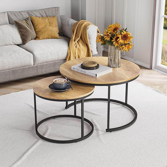 Smuxee Nesting Coffee Table Set of 2, 27.6" Round Coffee Table Wood Grain Top with Adjustable Non-Slip Feet, Industrial End Table Side Tables for Living Room Bedroom Balcony Yard