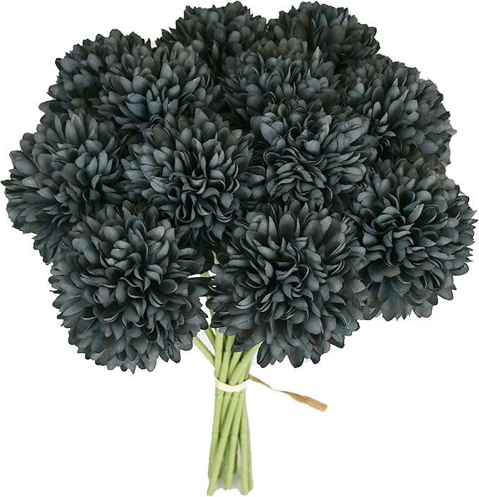 Mandy's Dark Grey Artificial Ball Chrysanthemum 12 Stems Faux Flowers with Bendable Stems for DIY Wedding Centerpiece Fall Decor Home Arrangements