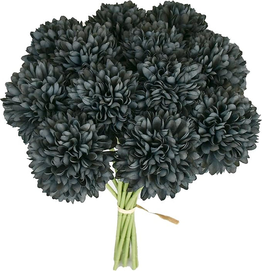 Mandy's Dark Grey Artificial Ball Chrysanthemum 12 Stems Faux Flowers with Bendable Stems for DIY Wedding Centerpiece Fall Decor Home Arrangements