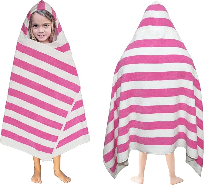 Hooded Bath Towel Wrap - 100% Cotton Terry Large Oversized Hooded Kids Towel - Toddler Shower Pool Beach Towel - Soft Plush Absorbent Quick Dry Easy Care Gift -30x60- Cabana Stripe Pink