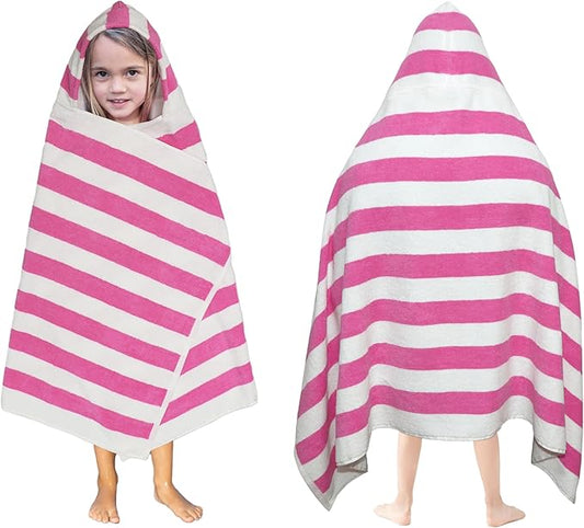 Hooded Bath Towel Wrap - 100% Cotton Terry Large Oversized Hooded Kids Towel - Toddler Shower Pool Beach Towel - Soft Plush Absorbent Quick Dry Easy Care Gift -30x60- Cabana Stripe Pink