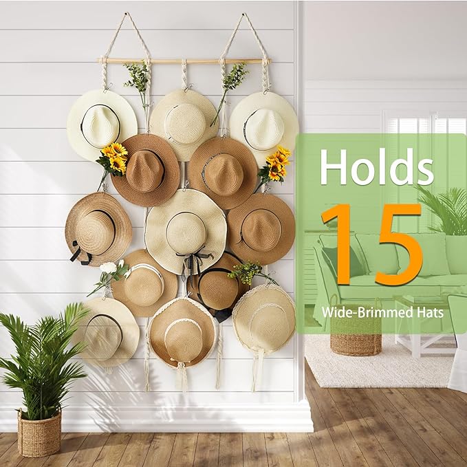 Macrame Hat Rack for Wall 31x53 in Hat Organizer with 15 Clips Hanging Hat Hangers for Wide Brimmed Hat Display Women Hat Storage Boho Hat Hanger Decorative Hat Holder for Fedora Cowboy Hat