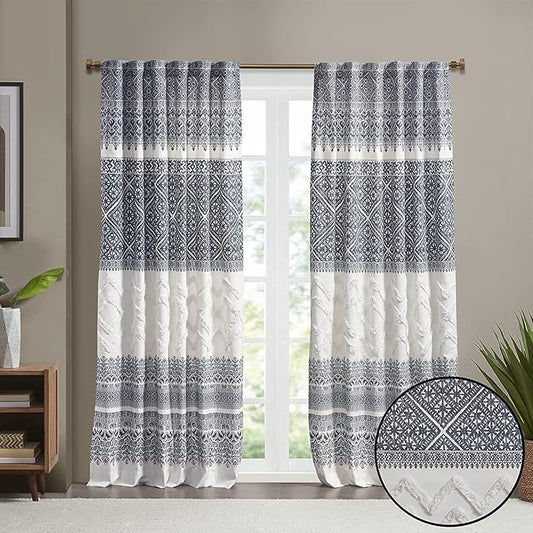 INK+IVY Mila 100% Cotton Single Panel Curtain Tufted Chenile Boho Design Rod Pocket Top Drape for Living Room, Privacy Window Treatment for Bedroom, 50" x 84", Navy/White
