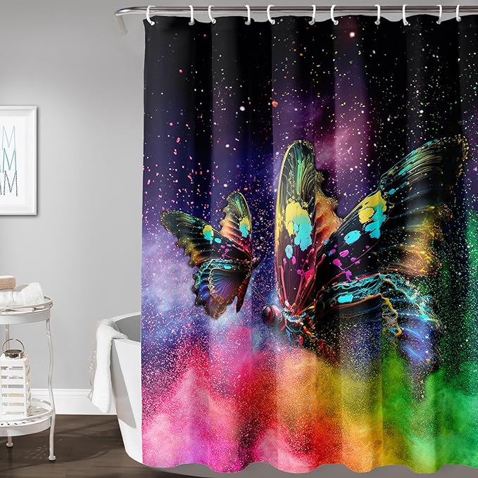 AILONEN Butterfly Shower Curtain for Bathroom, Rainbow Butterfly Bath Curtain,Modern 3D Printed Waterproof Tie Dye Shower Curtain with 12 Plastic Hooks (Kids/Girls/Women/Teen/) 72" W*78" H