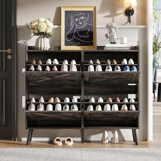 Maupvit Large Shoe Storage Cabinet with 4 Flip Drawers, Narrow Shoe Cabinet for Entryway with Wooden Legs, Freestanding Hidden Shoe Rack Organizer ＆ Metal Hinges, Dark Rustic Oak