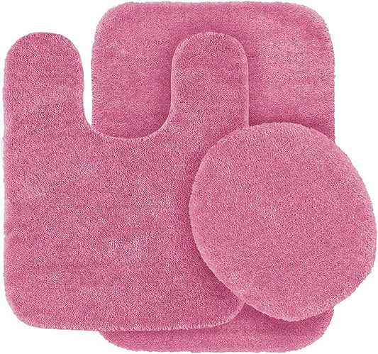 Fancy Linen 3pc Solid Non-Slip Bath Mat Set Bathroom U-Shaped Contour Rug, Mat and Toilet Lid Cover New # 6 (Hot Pink)