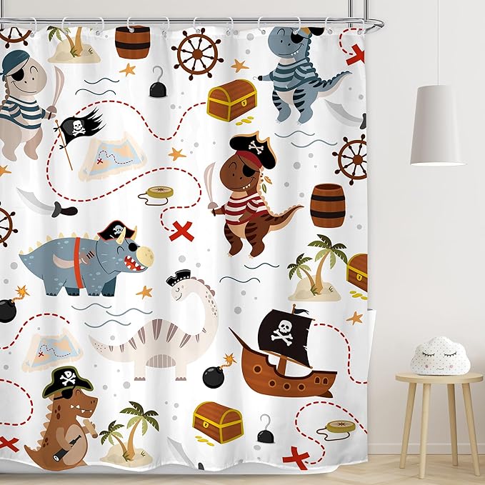 LGhtyro Kids Dinosaur Shower Curtain Bathroom Set 60Wx71H Inches Dino Pirate Boys Ship Cartoon Funny Nautical Sailboat Trex Raptor Bath Accessories Cute Animal Art Home Decor Fabric 12 Pack Hooks