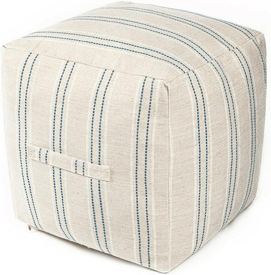 AELS Unstuffed Farmhouse Pouf Cover for Living Room, Boho Storage Bean Bag Cubes, Beige with Navy Blue Stitch Yarn Dyed Stripe Linen Square Ottoman Pouf Foot Rest Footstool, 18"x18"x18", Cover ONLY