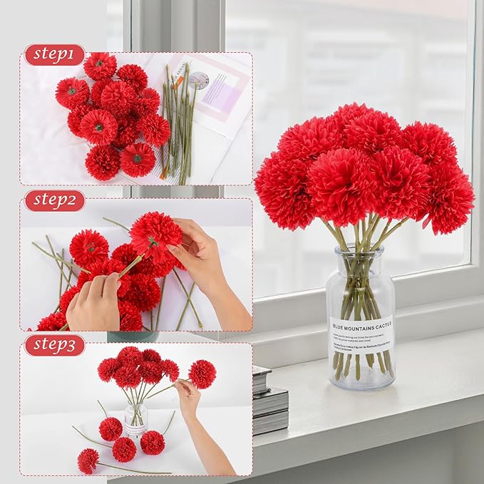 12 Pcs Artificial Chrysanthemums Flowers Silk Red Ball Flowers Fake Mums Flowers for Christmas Wedding Floral Table Centerpiece Home Decor (12, Red)