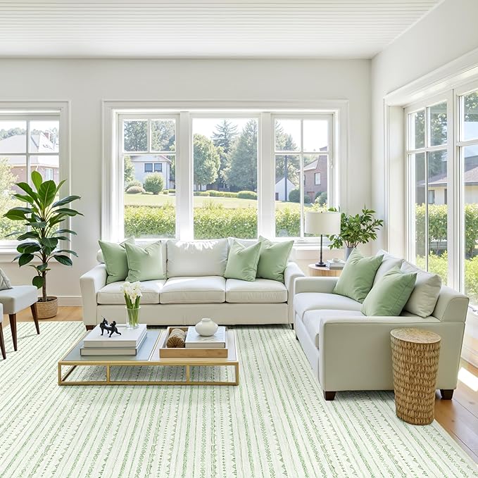 Sage Green Large Area Rug 8x10 Living Room, Machine Washable 8 x 10 Rug Boho Moroccan Farmhouse Style, Ultra Soft Neutral Indoor Carpet for Bedroom Dining Room Playroom Office