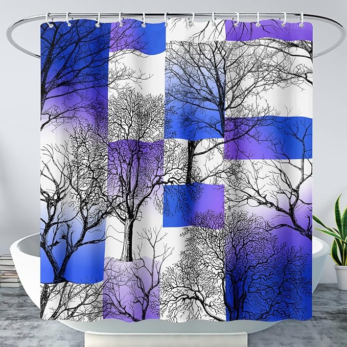 AILONEN Blue and White Tree Abstract Shower Curtain,Minimalist Printed Plant Tree Arts Bath Curtain,Modern Boho Waterproof Curtain for Bathroom Decor, 72" W x 96" H