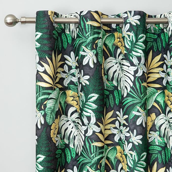 Leeva Chenille Room Darkening Curtains 52 x 84, 2 Panels Grommet Black & Green Tropical Leaves Floral Print Drapery for Bedroom, Living Room